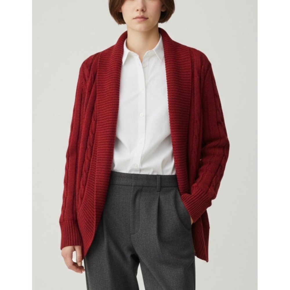 Talbots Petites Red 100% Cotton Cable Knit Open Shawl Cardigan Sweater P
